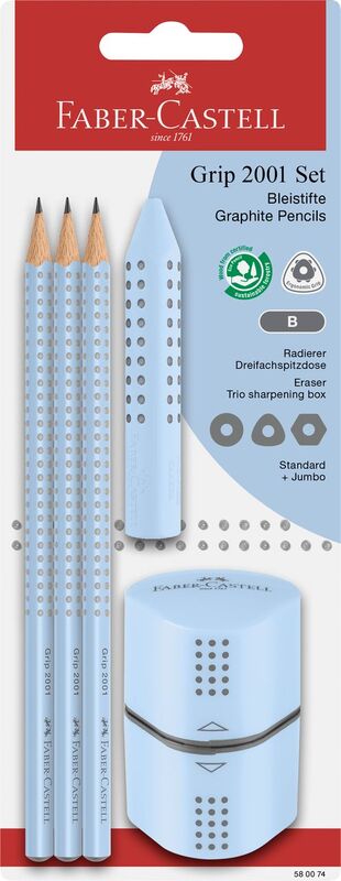 Faber Castell Μολύβι Grip B Σιέλ 3Τμχ & Ξύστρα Grip & Γόμα Grip (129580074)